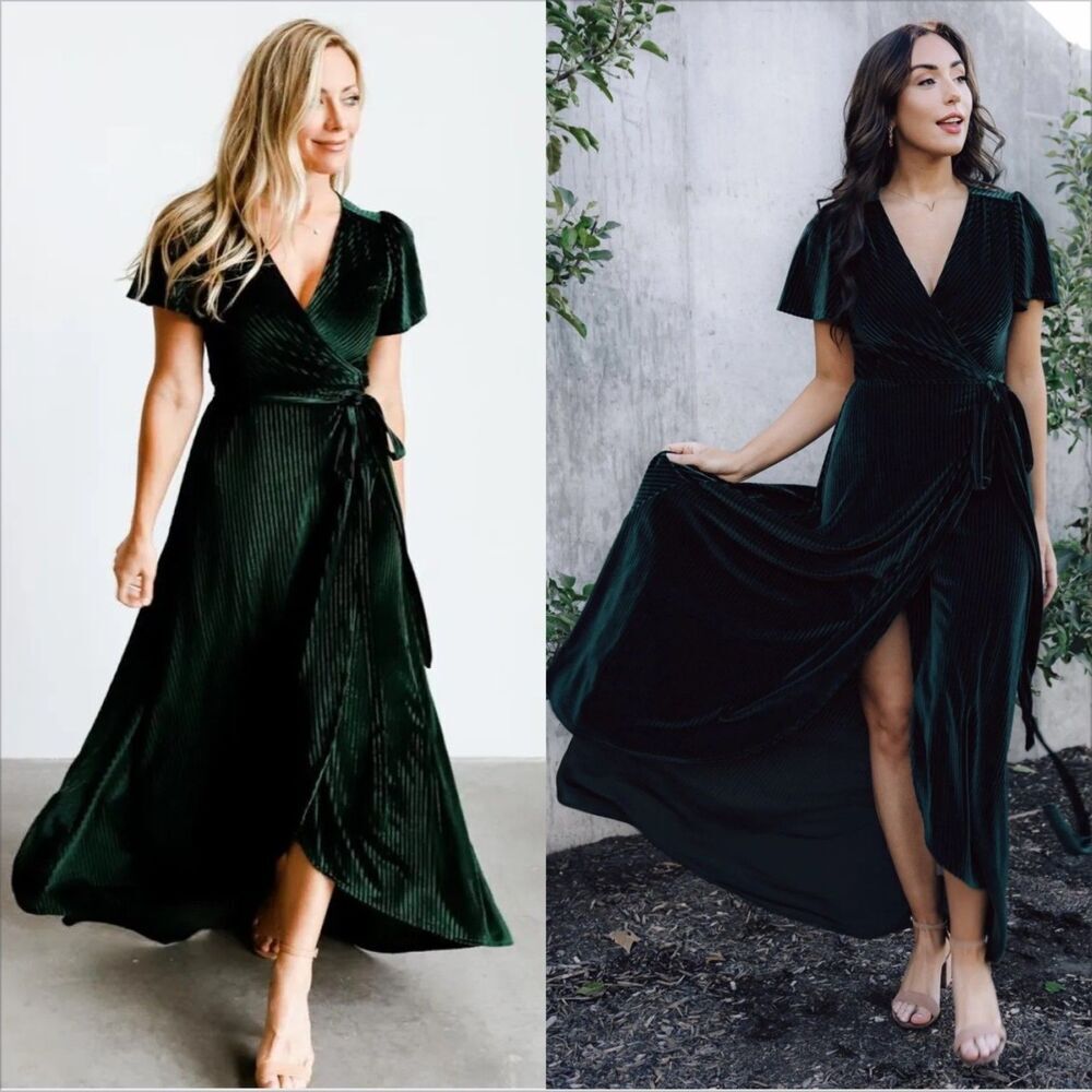 Baltic Born Dark Green Velvet Wrap Maxi Dress